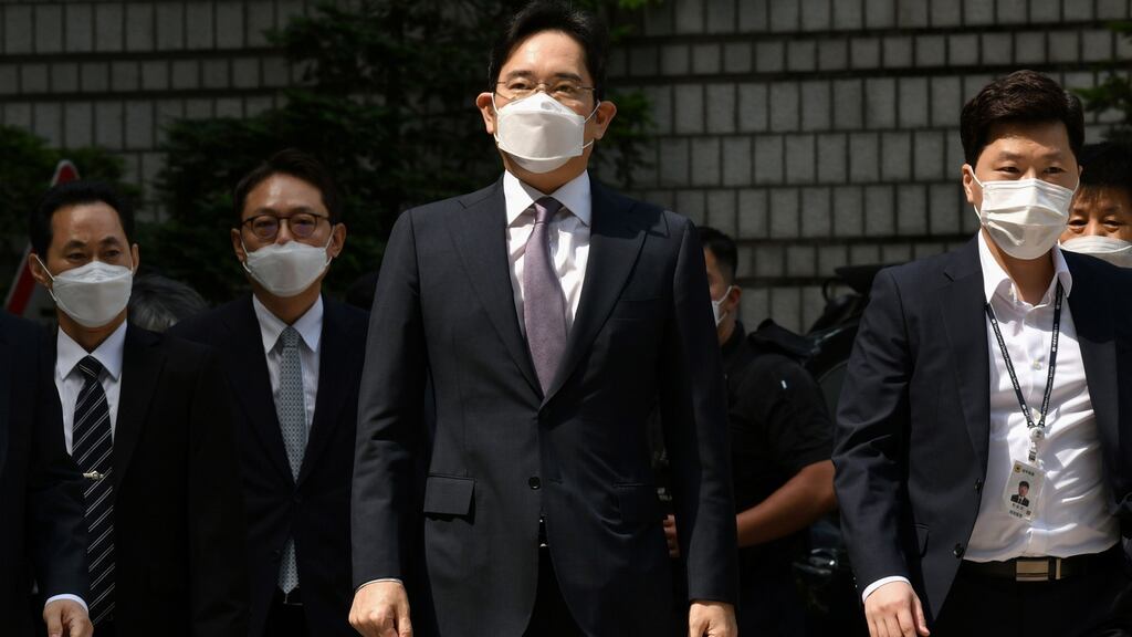 Samsung heir Lee Jae-yong (centre), vice-chairman of Samsung Electronics, arriving in court for a hearing to review the issuing of his arrest warrant on June 8th. Photograph: Jung Yeon-je / AFP via Getty
