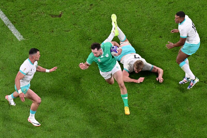 Hugo Keenan is one of Ireland's most elusive runners with ball in hand. Photograph: Miguel Medina/AFP via Getty Images