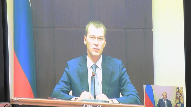 The newly-appointed governor of the Khabarovsk region, Mikhail Degtyarev, holds a video conference with Russian president Vladimir Putin on July 20th. Photograph: Alexei Druzhinin/EPA/Sputnik