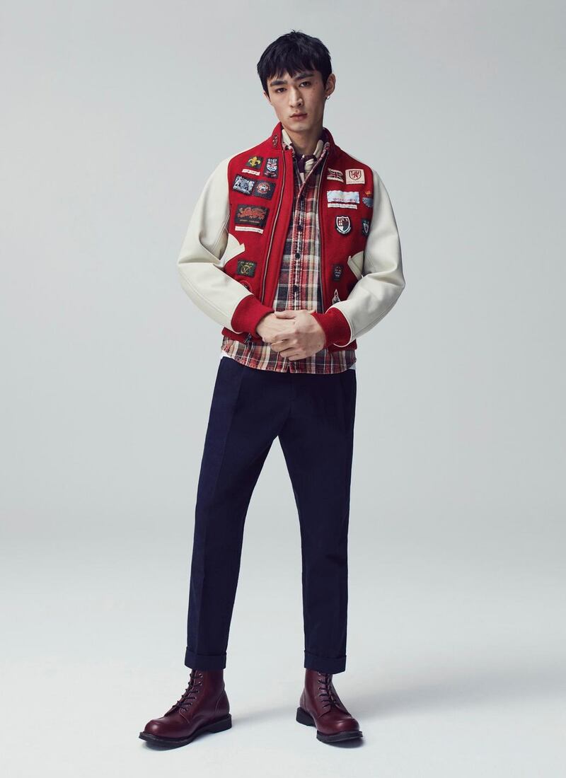 Varsity jacket with badges €1,235, stone wash check shirt €195, rose T-shirt €85, pleated trousers €275, all from Kent & Curwen