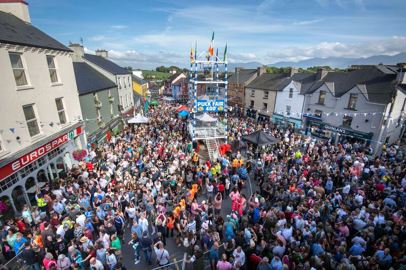 King Puck, a wild mountain goat, on his throne overlooking the Killorglin town square following his 'coronation' ceremony last year. Photograph: Don MacMonagle