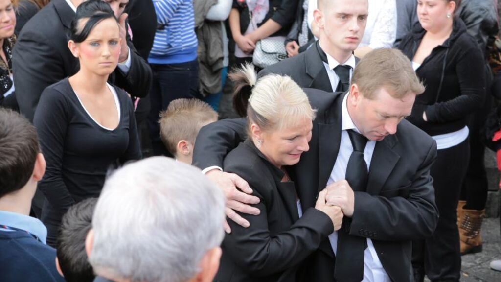 The funeral Mass for Chloe Kinsella   (15), Kileely, Limerick, which took place at St Munchin’s Church  yesterday. Photographed  is her distraught sister and her  brother and  their mother Shirley, who is comforted by Shirley’s brother Matthew.