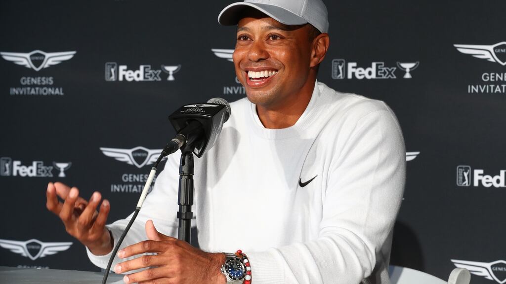 Tiger Woods speaking at a press conference before the Genesis Invitational in California. Photograph: Joe Scarnici/Getty Images