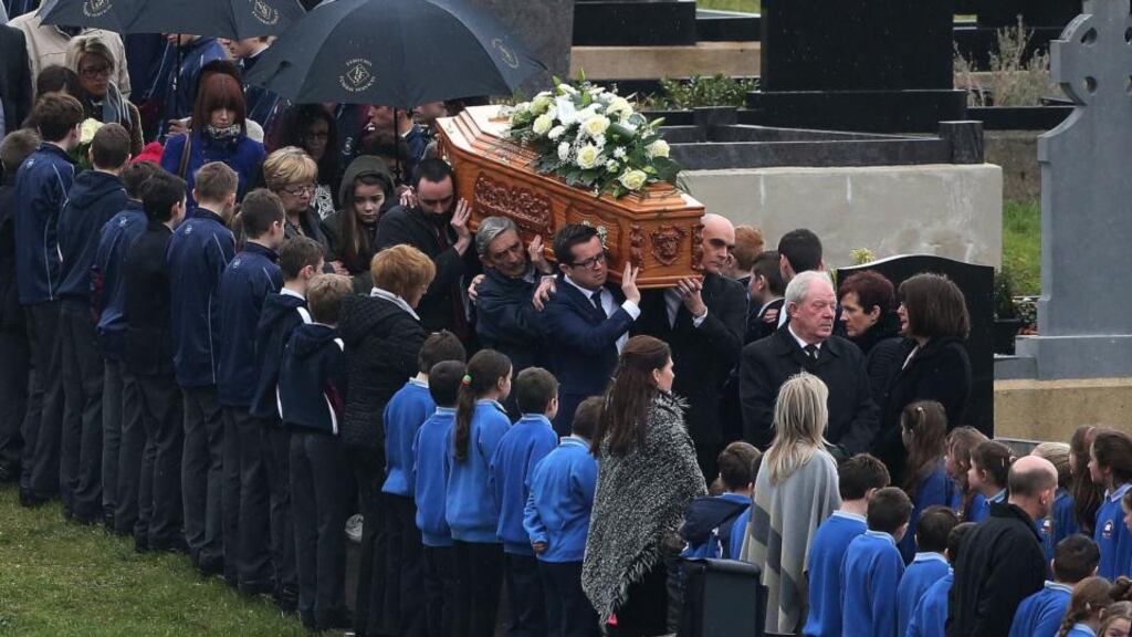 Oisín McGrath’s father Nigel (front right) carries his son’s coffin during the funeral at St Patrick’s Church in Holywell, Belcoo, Co Fermanagh, Northern Ireland. Photograph: Niall Carson/PA