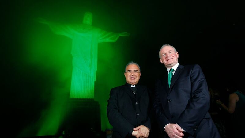 Archbishop of Rio de Janiero Dom Orani Joao Tempesta, and deputy First Minister Martin McGuinness pictured at the “global greening” of the Christ the Redeemer statue in Rio de Janeiro. Photograph: Kelvin Boyes/Press Eye/PA