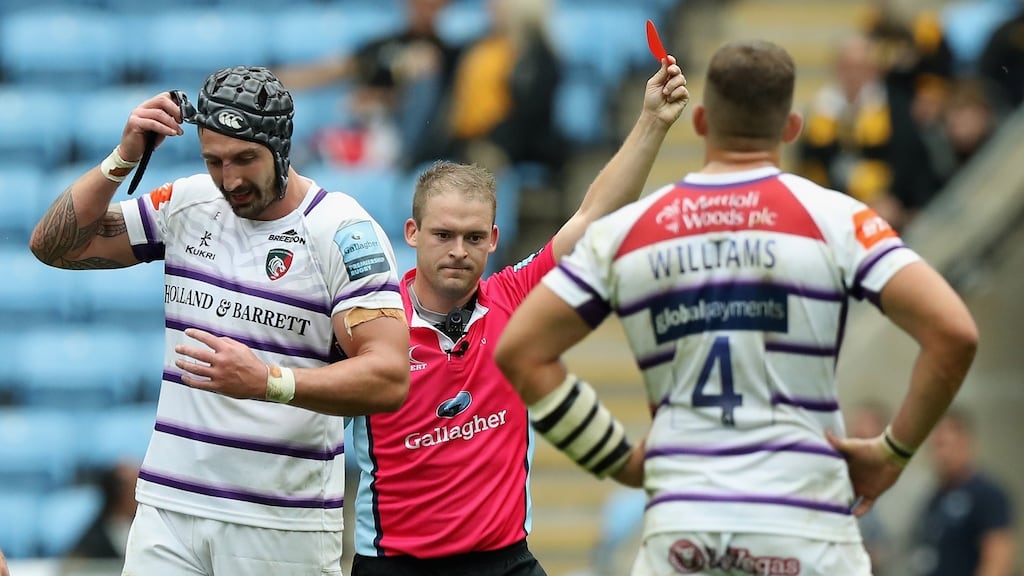 Will Spencer (left) of Leicester Tigers is sent off by referee Ian Tempest after a high tackle on Tommy Taylor during the Gallagher Premiership Rugby match between Wasps and Tigers in Coventry earlier this month. Photograph: David Rogers/Getty Images