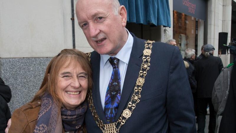 Terrie Colman-Black was at the Beatles Concert in Dublin when she was 14. On Wednesday she joined Lord Mayor of Dublin Nial Ring and many Beatles fans on Middle Abbey Street as a plaque was unveiled to mark 55 years since the Beatles played in Dublin. Photograph: Colm Mahady /Fennells