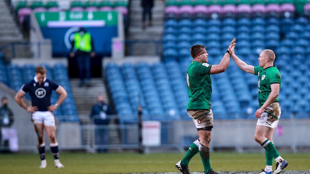 Ireland’s CJ Stander and Keith Earls high-five after the Six Nations win over Scotland. Photo: Tommy Dickson/Inpho