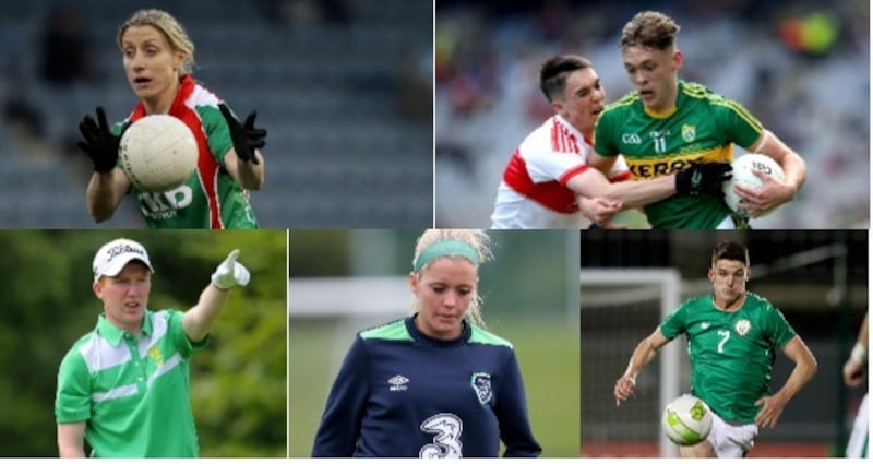 Sports (clockwise from above): Cora Staunton, David Clifford in action with the Kerry minors, Declan Rice, Denise O'Sullivan and Gavin Moynihan. Photograph: Inpho