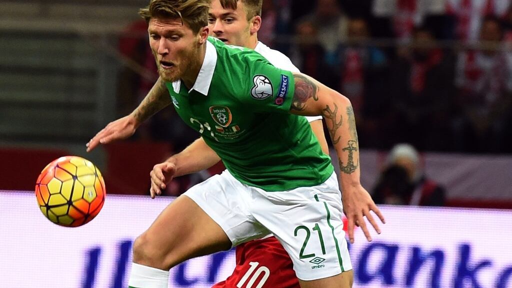 The trial of Republic of Ireland footballer Jeff Hendrick over an alleged row on a Dublin street has been delayed after a medical report was sought by his co-defendant. Above Hendrick is seen in action for Ireland against Poland earlier this month. Photograph: Janek Skarzynski/AFP/Getty Images.
