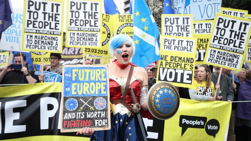 Anti-Brexit campaigners take part in the People’s Vote March in London. Photograph: Yui Mok/PA Wire