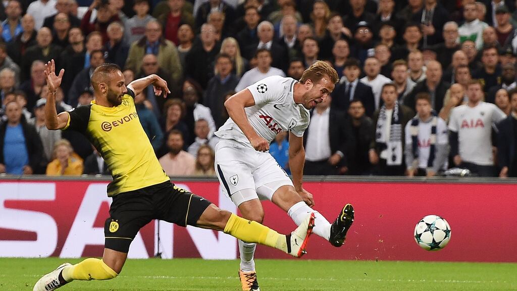 Tottenham’s Harry Kane  scores his side’s second goal in the  Champions League  match against  Borussia Dortmund at Wembley Stadium. Photograph: Andy Rain/EPA