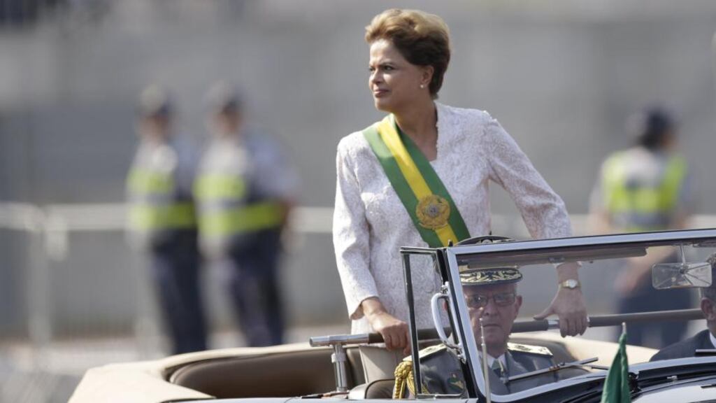 Brazil’s president Dilma Rousseff stands in a vehicle during a civic-military parade in Brasilia to commemorate Brazil’s Independence Day on Monday.  Photograph: Ueslei Marcelino/Reuters
