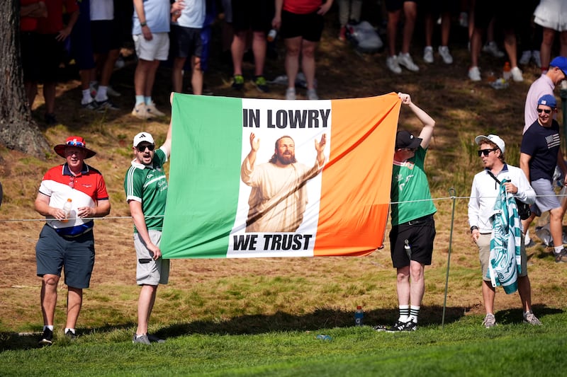 European fans show their support for Shane Lowry during the Sunday singles matches. Photograph: Mike Egerton/PA