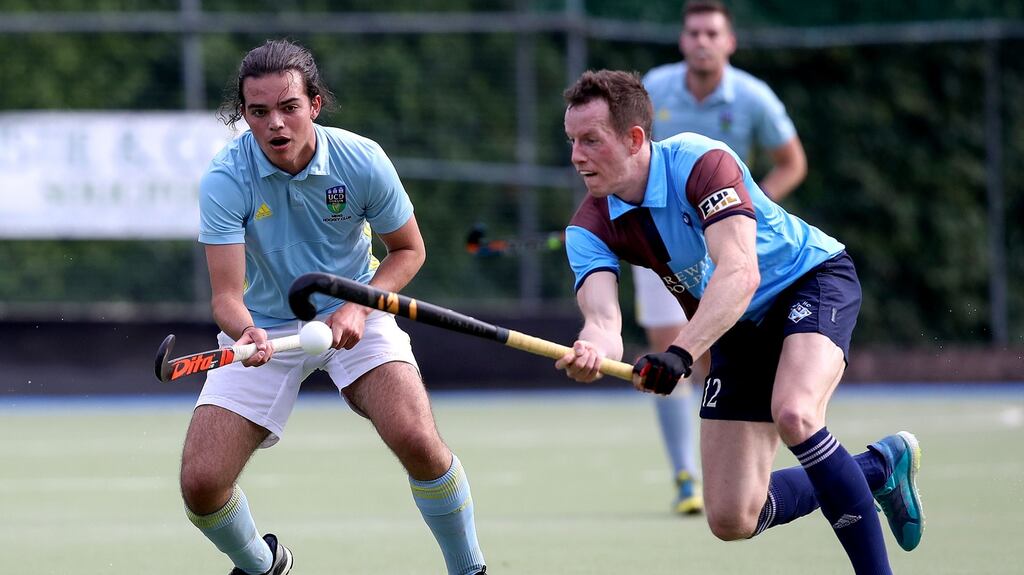 Ross Canning (right) is one of three Three Rock Rovers players in the Ireland squad for the EuroHockey Indoor Championship III in Santander, Spain. Photograph: Bryan Keane/Inpho