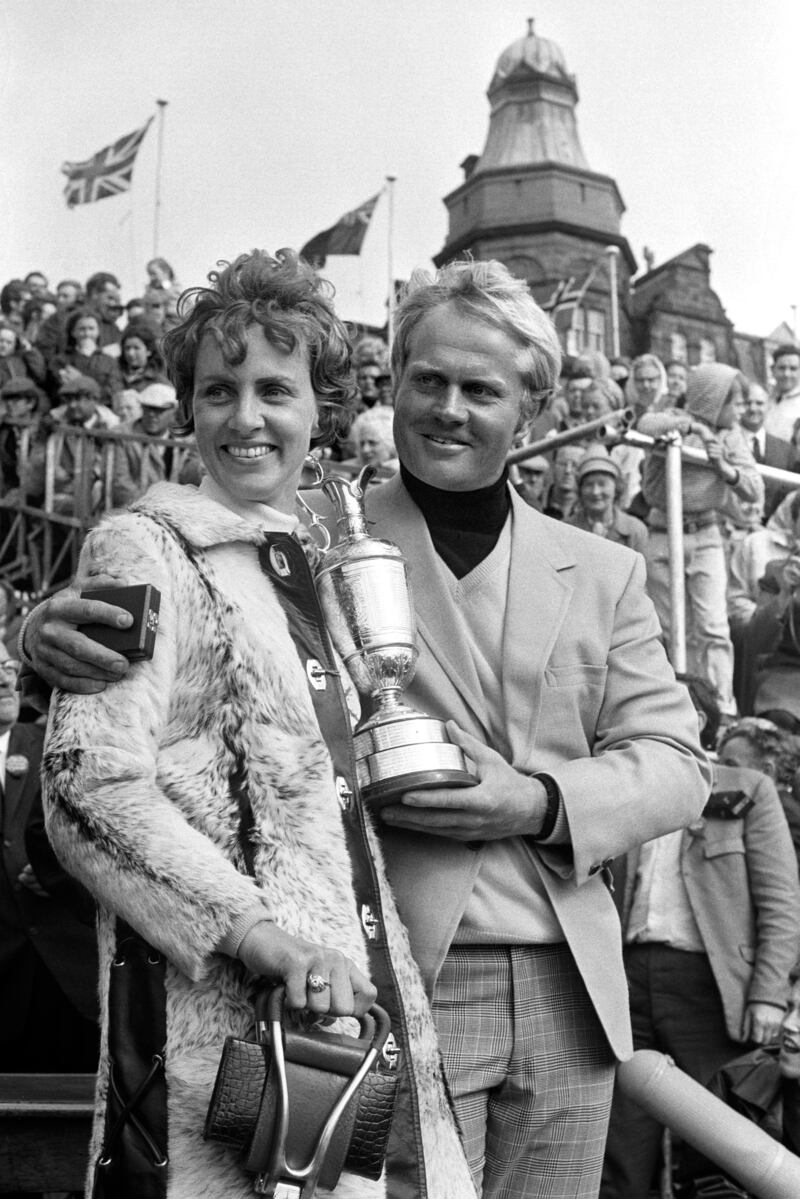 Jack Nicklaus with his wife Barbara after receiving the Open Championship Trophy at St Andrews, Scotland, in 1970.