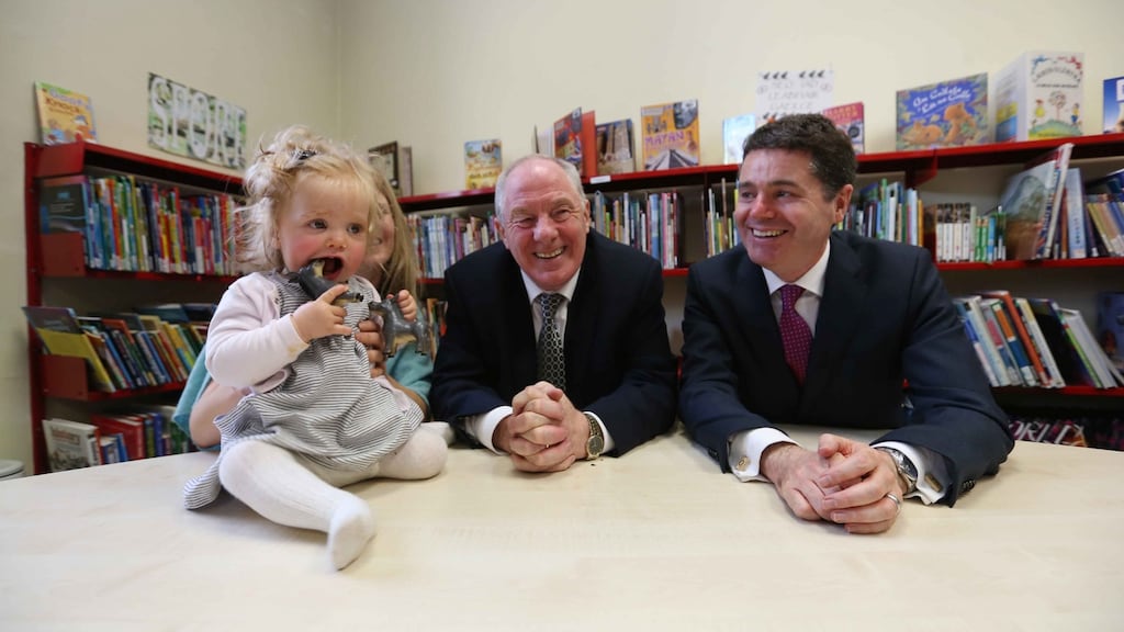 Ella McPhillips (10 months) with Ministers Michael Ring and Paschal Donohoe at the launch of the €5 million Rapid fund in Dublin. Photograph: Sam Boal/Rollingnews.ie