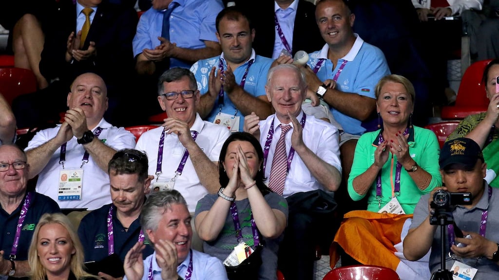 Kevin Kilty (left), with OCI vice president of the Olympic Council of Ireland, Willie O’Brien and president Pat Hickey at the European Games in Baku last year. Photo: Ryan Byrne/Inpho