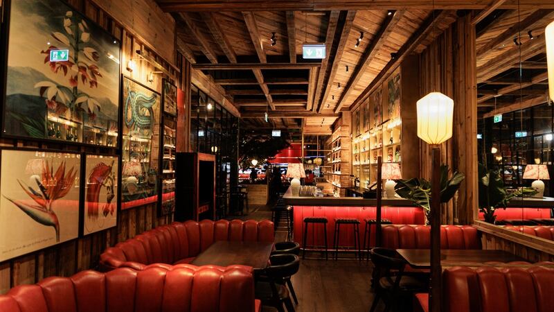 Seating in the dining room is a mixture of banquettes and booths.
