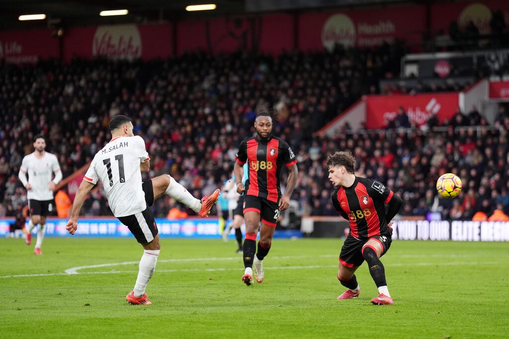 Mohamed Salah scores his and Liverpool's second goal during the Premier League game against Bournemouth at the Vitality Stadium. Photograph: John Walton/PA Wire