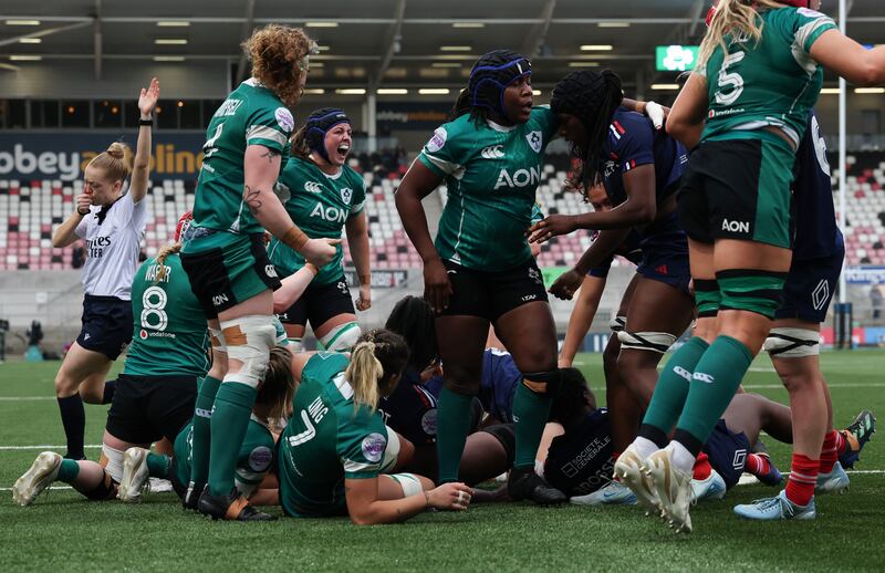 Ireland's Neve Jones scores a try against France. Photograph: Ben Brady/Inpho