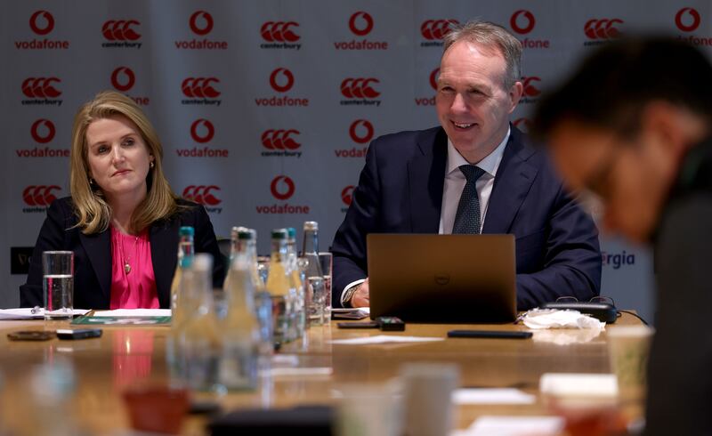 Kevin Potts and Thelma O'Driscoll appear at the Irish Rugby AGM media briefing. Photograph: Dan Sheridan/Inpho