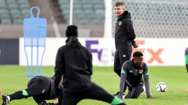 Republic of Ireland manger  Stephen Kenny oversees Friday’s training session at the Olympic Stadium in Baku. Photograph: Laszlo Geczo/Inpho