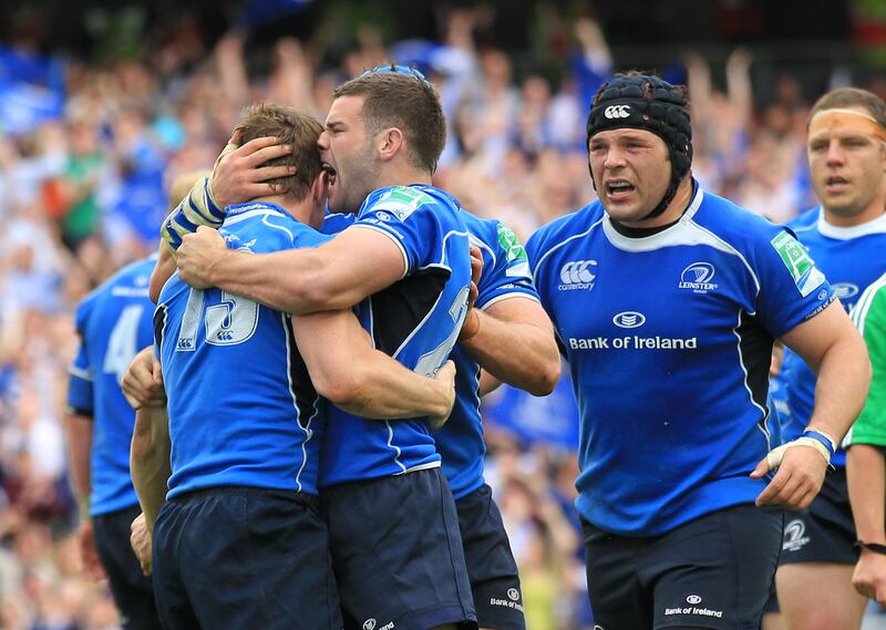 Heineken Cup semi-final of 2011, Leinster vs Toulouse: A euphoric Fergus McFadden with Brian O'Driscoll after he scored a try. Photograph: Billy Stickland/Inpho
