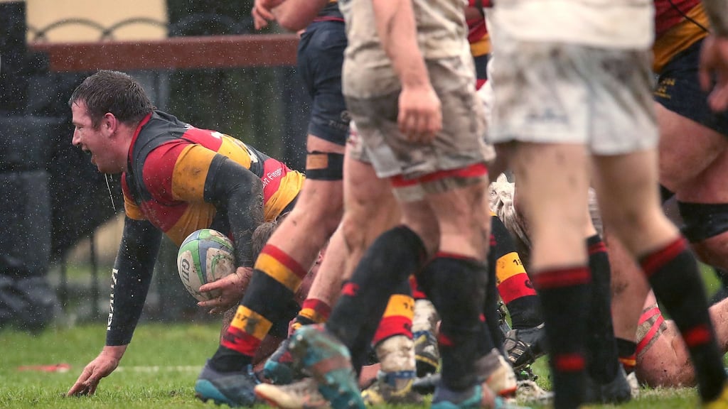 Lansdowne prop Ian Prendiville scored his first try in his 102nd appearance for the club in the All-Ireland League Division 1A match against Dublin University at College Park. Photograph: Bryan Keane/Inpho