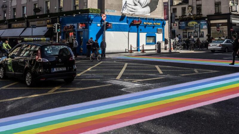 Introducing ‘rainbow walks’ to Dublin streets will make the city a more attractive proposition for gay tourists, according to local Fine Gael members – areas on Dame Street and Capel Street have been identified as possibile locations (artist’s impression)