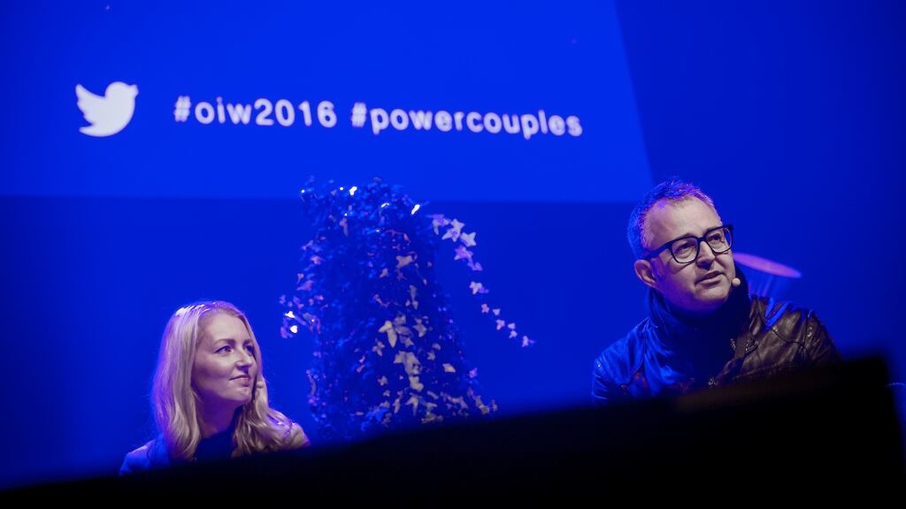 Mike Butcher of TechCrunch, and Louise Fuchs of Schibsted media group, at Oslo Innovation Week. “We  don’t believe an app is going to solve the refugee crisis but . . . these things might help,” said Butcher.  Photograph: Gorm K Gaare/EUP-Berlin
