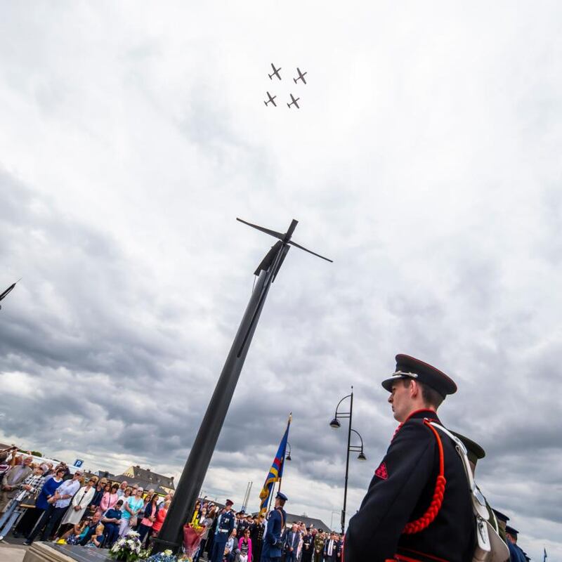The Irish Air Corps perform a flyover of the Tramore memorial sculpture on the 20th anniversary of the tragedy. Photograph: Patrick Browne