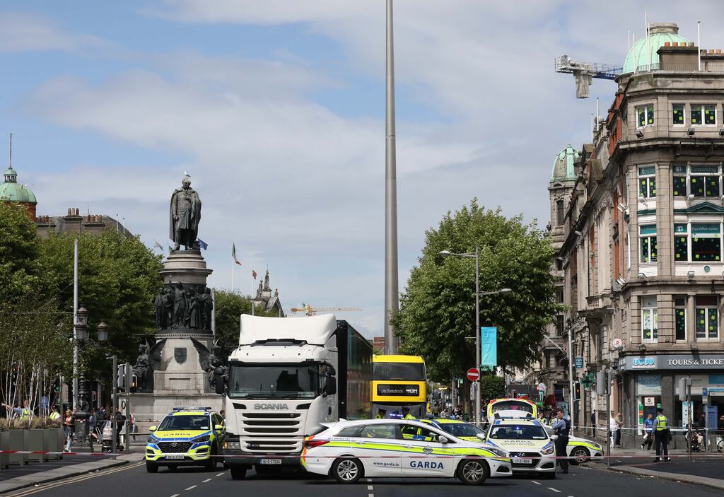 Gardaí and emergency services at the scene of a traffic incident on O'Connell Bridge. Photograph: RollingNews.ie