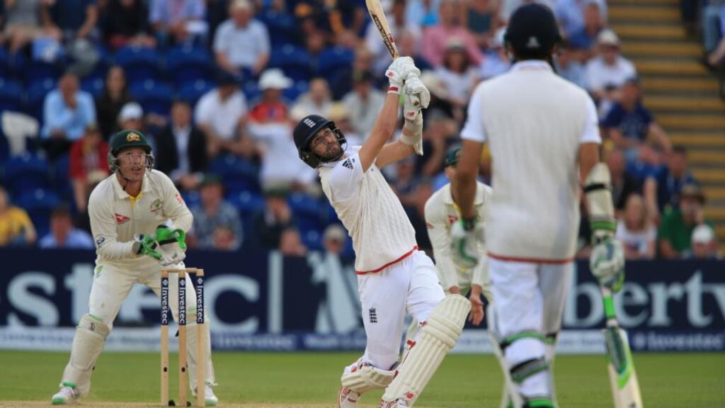England batsman Mark Wood hits a six off Australia spin bowler Nathan Lyon  during the first  Ashes Test at the Swalec Stadium in Cardiff. Photograph:   Nick Potts/PA