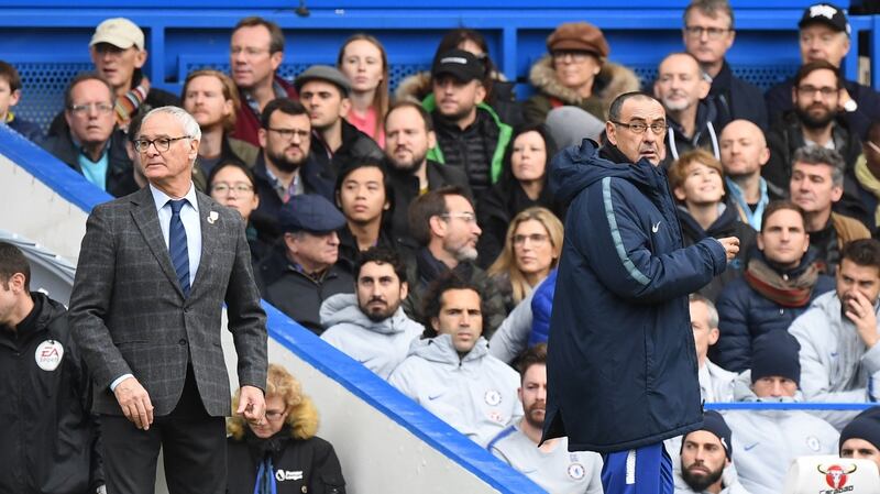Claudio Ranieri and Maurizio Sarri look on during Chelsea’s 2-0 win over Fulham at Stamford Bridge. Photograph: Facundo Arrizabalaga/EPA