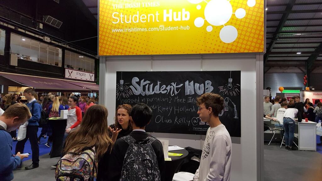 Irish Times journalists Kitty Holland talks to students at the Higher Options expo. Photograph: Éanna Ó Caollaí/The Irish Times