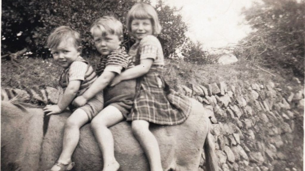 Seán Ryan on the family donkey with his brother Denis and sister Anne behind. The photo was taken in July 1948 at the author’s grandparents’ smallholding in Adamstown, Co Wexford.