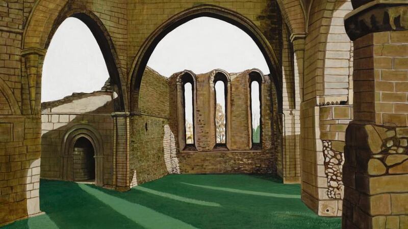 Stephen Loughman’s “Buildwas Abbey”, after Mrs Ball, Ketley WI, oil on canvas, 70x100cm (2016)