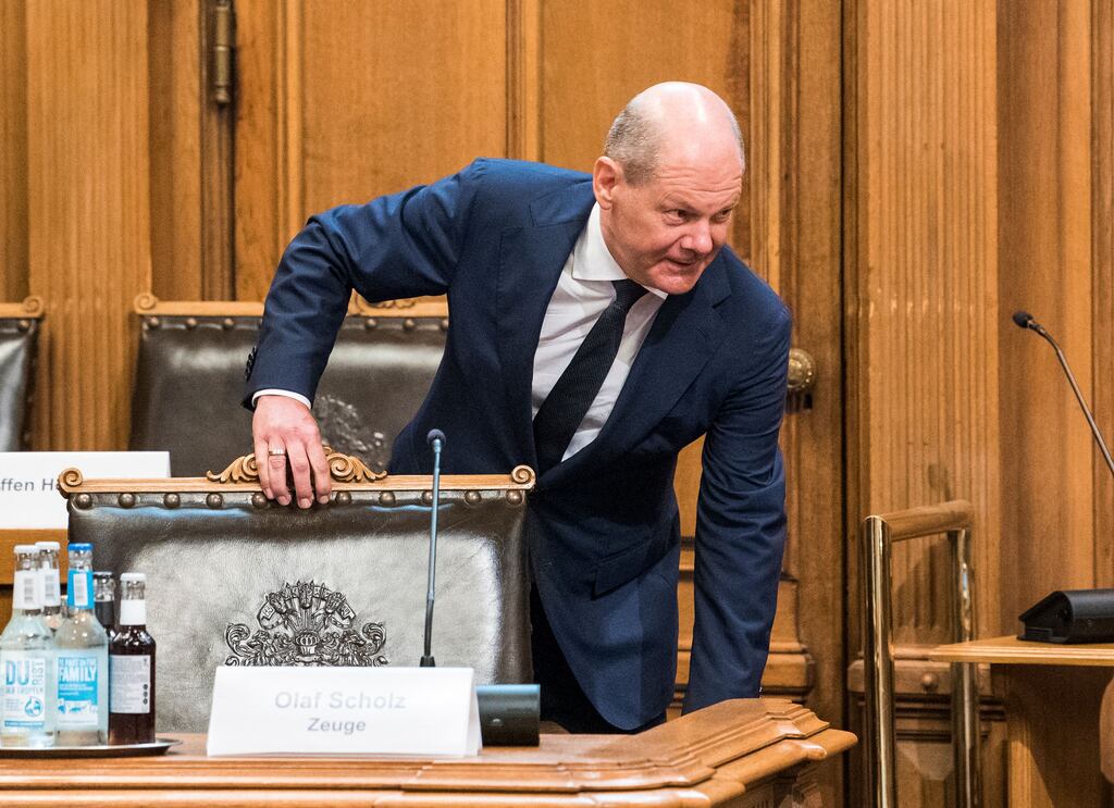German chancellor Olaf Scholz appears before a parliamentary investigation committee on the Cum-Ex tax affair in Hamburg. Photograph: Daniel Bockwoldt/Getty Images
