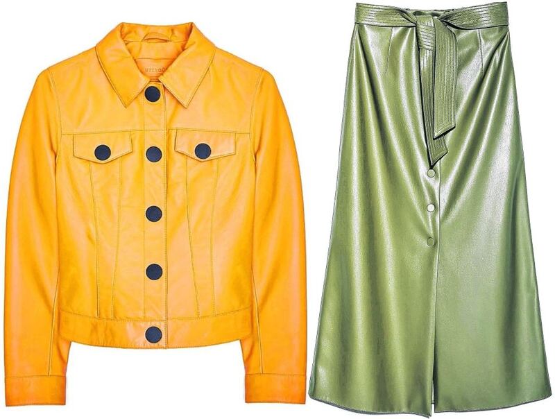 Uterque leather jacket in yellow, €279; Zara A-line faux leather skirt in olive green, €49.95