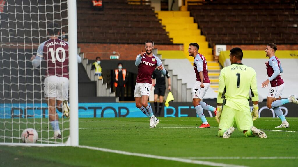 Conor Hourihane celebrates after scoring Aston Villa’s second against Fulham. Photograph: Will Oliver/Getty/AFP