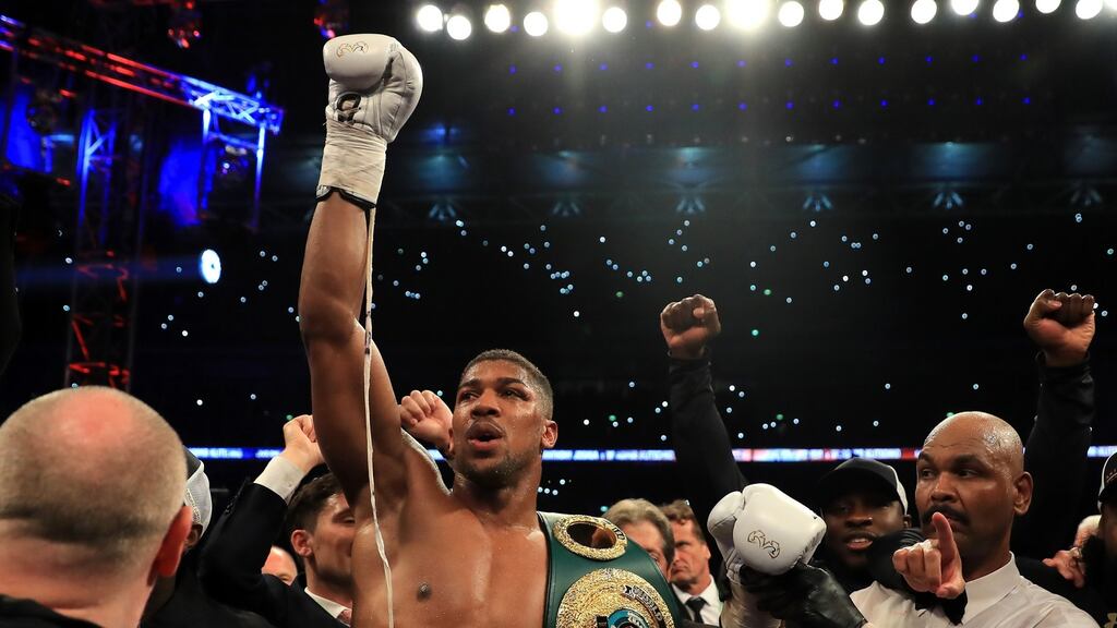 Anthony Joshua after his stunning heavyweight vicoty over Wladimir Klitschko at Wembley. Photograph: Richard Heathcote/Getty