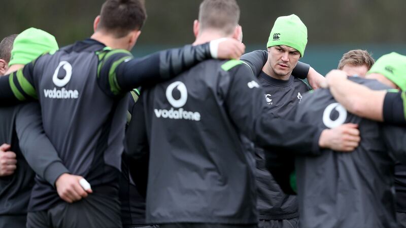 A team huddle at Ireland rugby squad training at Carton House, Co Kildare. Photograph: ©INPHO/Dan Sheridan