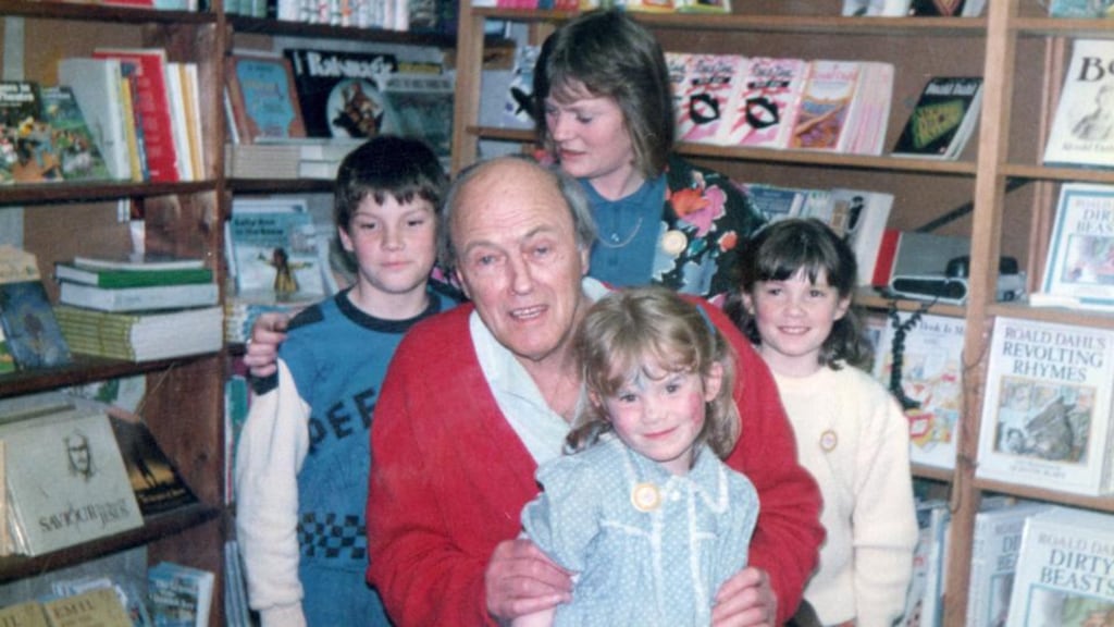 Roald Dahl in Kenny’s Bookshop in Galway in 1987 with Monica Rigney and her children Mark, Claire and Laura