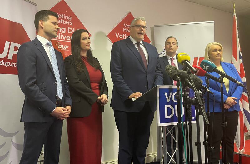 (L-R) Jonathan Buckley, DUP candidate for Lagan Valley, Emma Little-Pengelly, Northern Ireland's deputy First Minister, Gavin Robinson, interim DUP leader, Paul Givan, Northern Ireland's Minister for Education and Tracy Kelly, DUP candidate in the Belfast South and Mid Down constituency. Photograph: Jonathan McCambridge/PA Wire