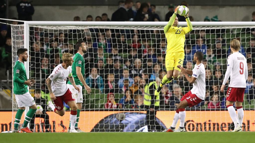 Darren Randolph claims the ball during Ireland’s 0-0 draw with Denmark at the Aviva Stadium. Photograph: Niall Carson/PA