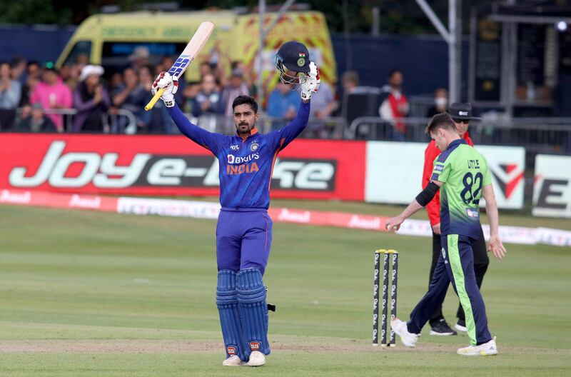 India's Deepak Hooda celebrates his century. Photograph: by Paul Faith /AFPv ia Getty Images)