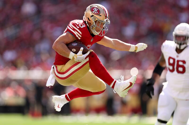 Christian McCaffrey of the San Francisco 49ers runs for touchdown against the Arizona Cardinals at Levi's Stadium in Santa Clara, California. Photograph: Ezra Shaw/Getty Images