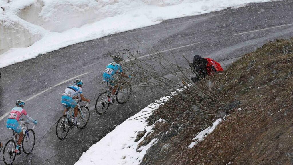 Italy’s Vincenzo Nibali (left) climbs during yesdaterday’s 15th stage of the Giro d’Italia. Photograph: Reuters.