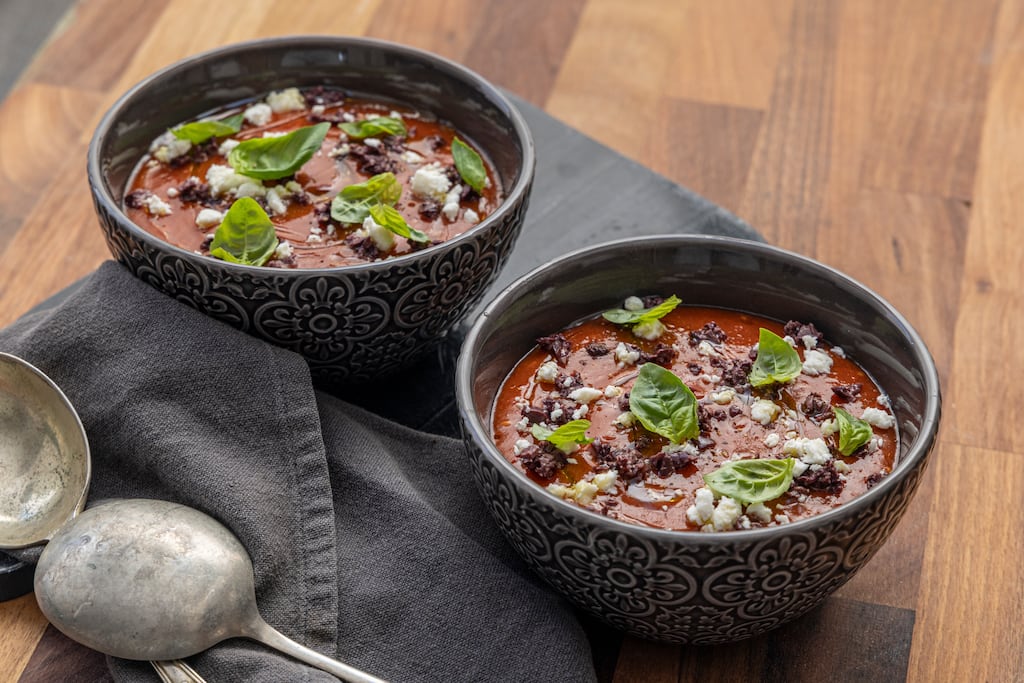 Chilled gazpacho with black olive, basil and feta. Photograph: Harry Weir